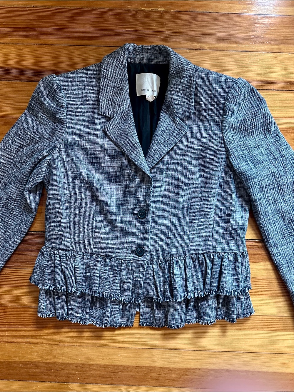 Rebecca Taylor Gray Textured Tweed Ruffle-Hem Blazer